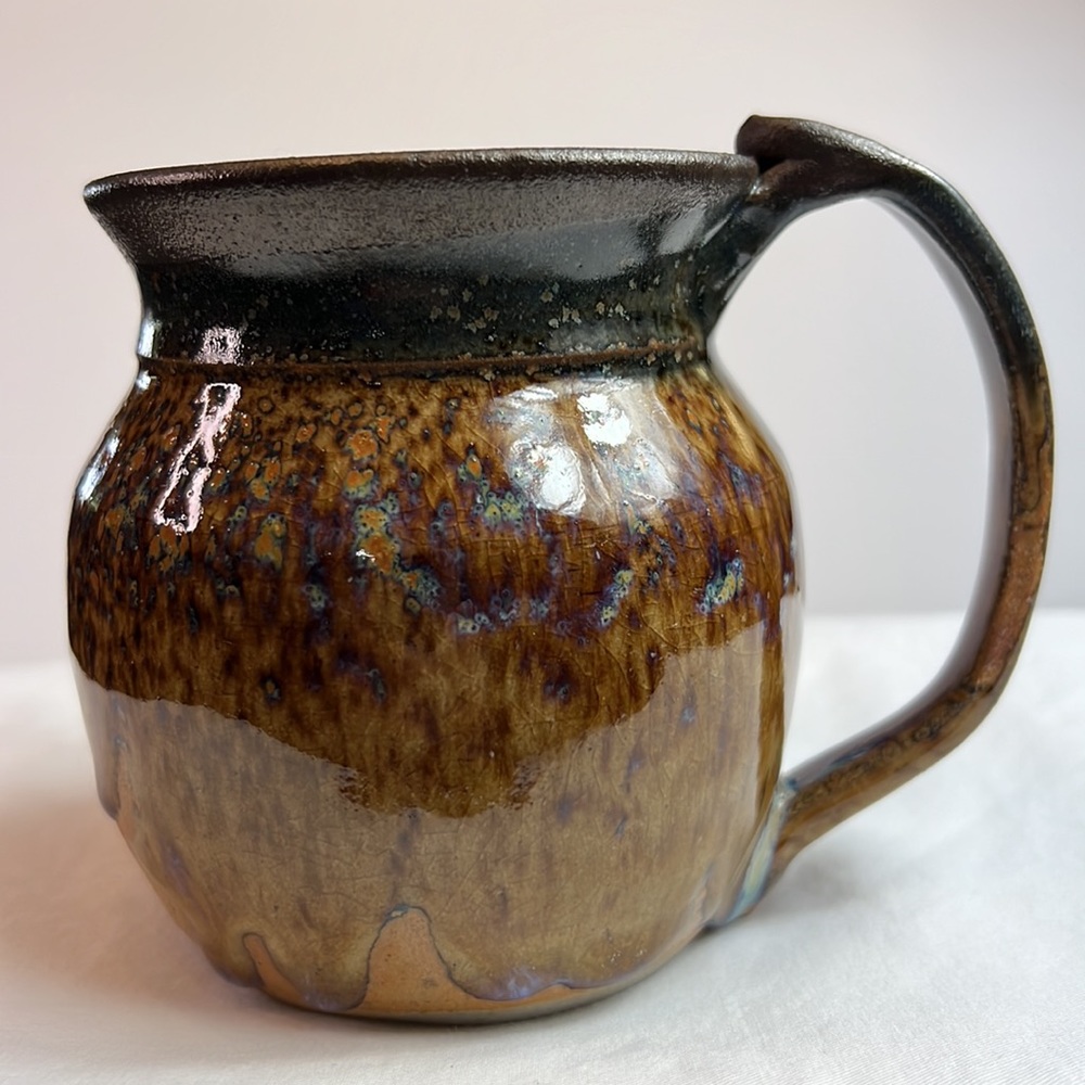Hand made stoneware mug two tone brown drip glaze
